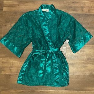 Victoria's Secret gold label vintage emerald Green Lace Kimono satin Robe